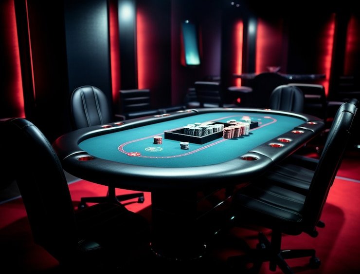 Permainan Teen Patti Spadegaming dengan kartu dan chip di meja masterpoker88